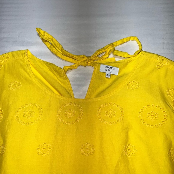 NWOT Crown and Ivy Yellow Eyelet Peplum Blouse | Tie Neck Long Sleeve - Picture 9 of 10